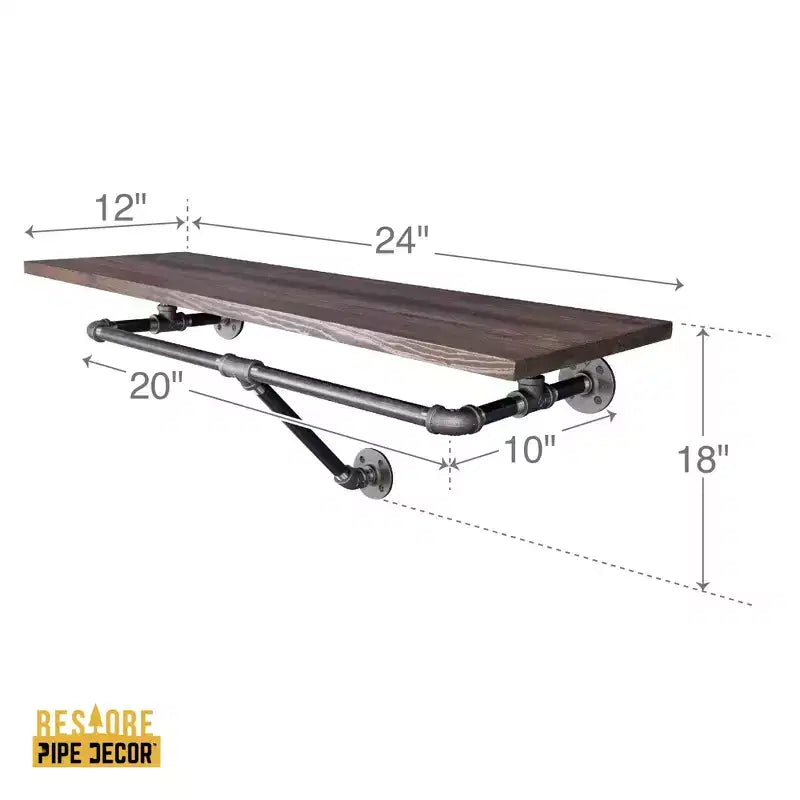 Porte-vêtements mural Pipe Decor de 24 po avec étagère en bois, Trail Brown