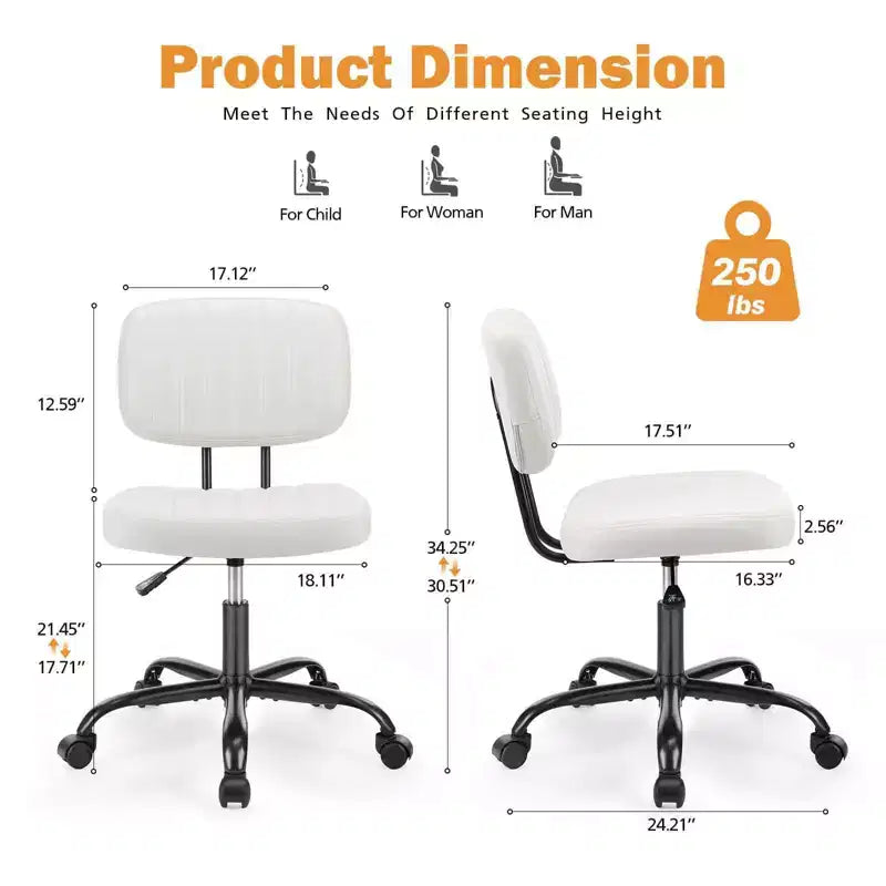 MAYEERTY Chaise de Bureau sans Accoudoirs en Cuir PU Pivotante à 360° Réglable en Hauteur 17.71-21.45