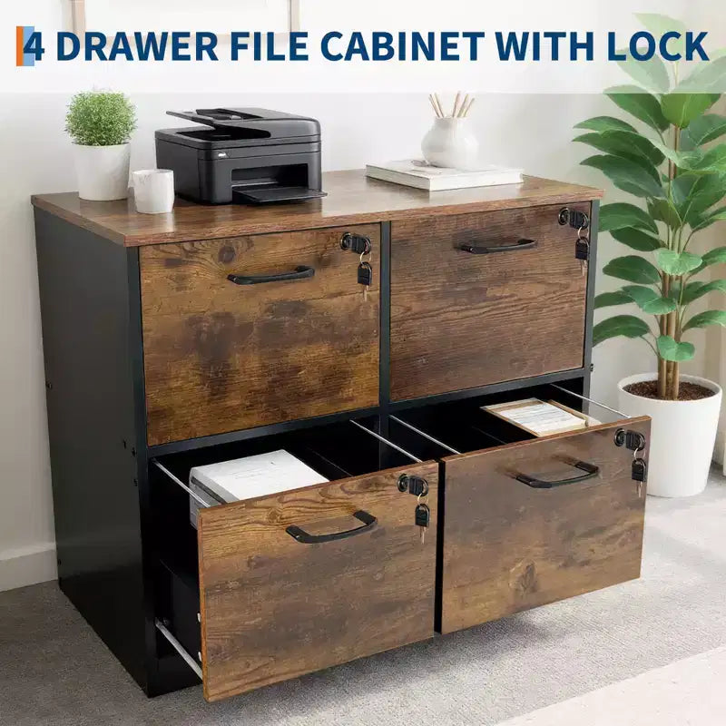 Meuble de classement vertical en bois à 4 tiroirs avec serrure, avec barre de suspension, support d'imprimante pour bureau ou salle d'étude, pour dossiers de format Lettre/A4/Légal