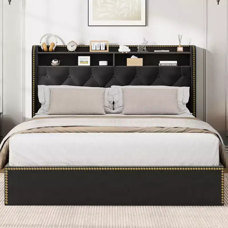 Bed Frame with 4 Storage Drawers, 2 Tiers of Storage and Nailhead Trim, Black Velvet Platform Bed with Elegant Headboard Trim, Easy to Assemble
