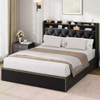 Cadre de lit avec 4 tiroirs de rangement, 2 niveaux de rangement et garniture cloutée, lit plateforme en velours noir avec garniture de tête de lit élégante, facile à assembler