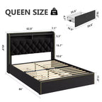 Cadre de lit avec 4 tiroirs de rangement, 2 niveaux de rangement et garniture cloutée, lit plateforme en velours noir avec garniture de tête de lit élégante, facile à assembler