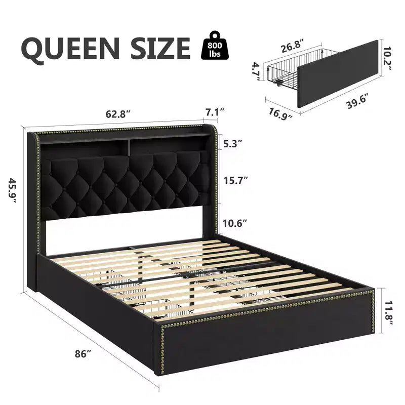Cadre de lit avec 4 tiroirs de rangement, 2 niveaux de rangement et garniture cloutée, lit plateforme en velours noir avec garniture de tête de lit élégante, facile à assembler