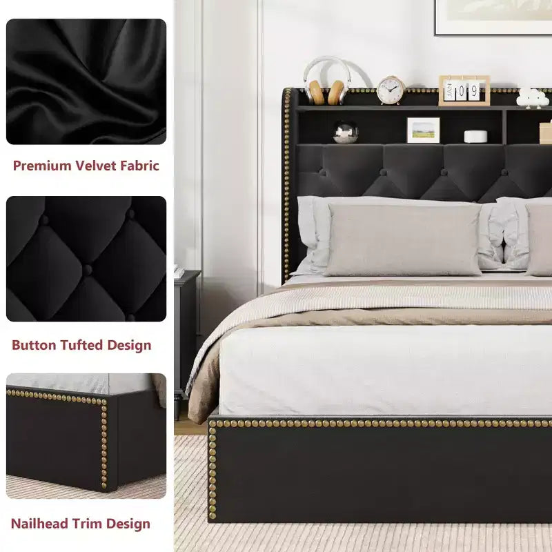 Cadre de lit avec 4 tiroirs de rangement, 2 niveaux de rangement et garniture cloutée, lit plateforme en velours noir avec garniture de tête de lit élégante, facile à assembler