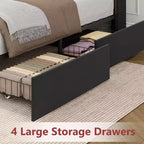 Cadre de lit avec 4 tiroirs de rangement, 2 niveaux de rangement et garniture cloutée, lit plateforme en velours noir avec garniture de tête de lit élégante, facile à assembler