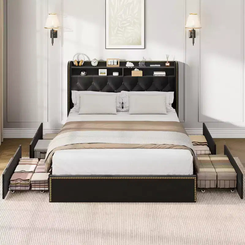 Cadre de lit avec 4 tiroirs de rangement, 2 niveaux de rangement et garniture cloutée, lit plateforme en velours noir avec garniture de tête de lit élégante, facile à assembler