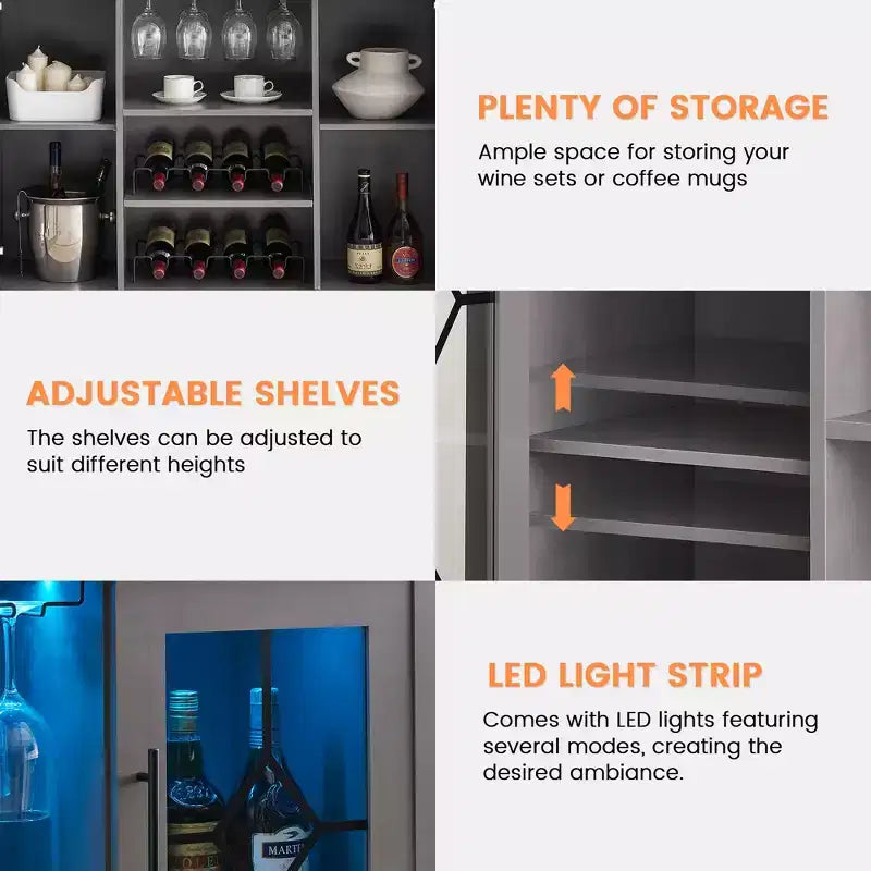 Meuble de bar à vin COZONY avec lumières LED, meuble à liqueurs moderne avec support en verre et porte-bouteilles, buffet de rangement pour café pour salle à manger