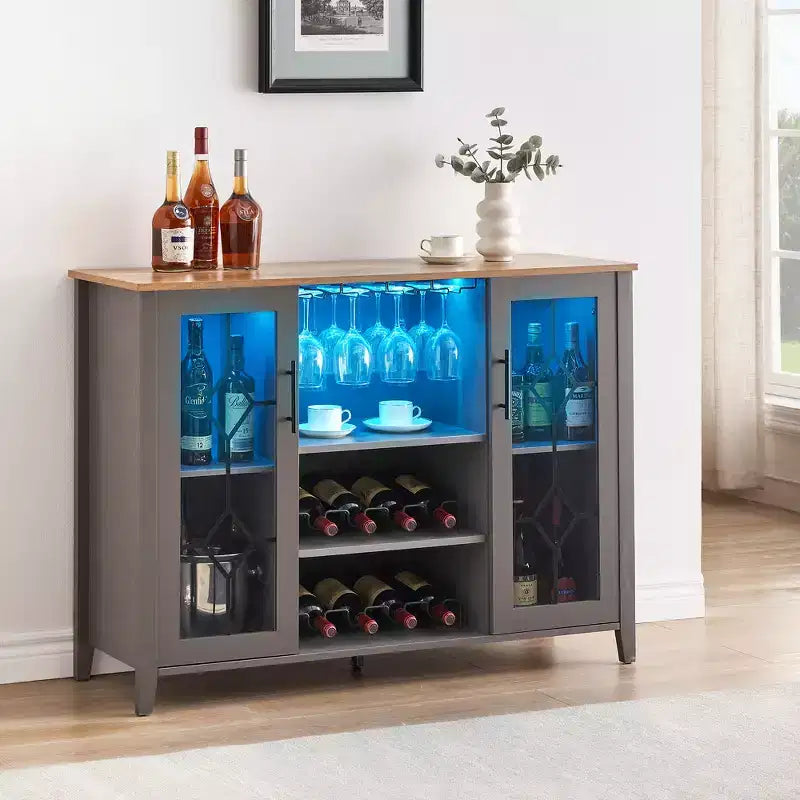 Meuble de bar à vin COZONY avec lumières LED, meuble à liqueurs moderne avec support en verre et porte-bouteilles, buffet de rangement pour café pour salle à manger
