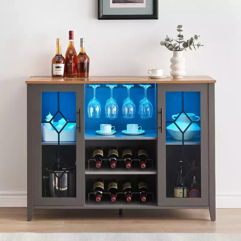 Meuble de bar à vin COZONY avec lumières LED, meuble à liqueurs moderne avec support en verre et porte-bouteilles, buffet de rangement pour café pour salle à manger