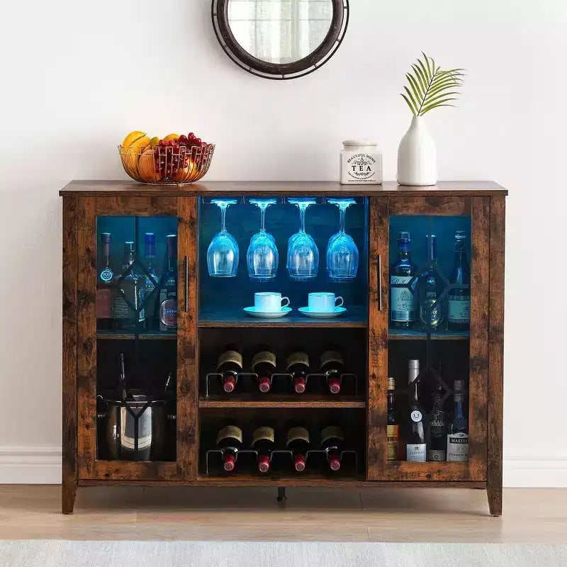 Meuble de bar à vin COZONY avec lumières LED, meuble à liqueurs moderne avec support en verre et porte-bouteilles, buffet de rangement pour café pour salle à manger