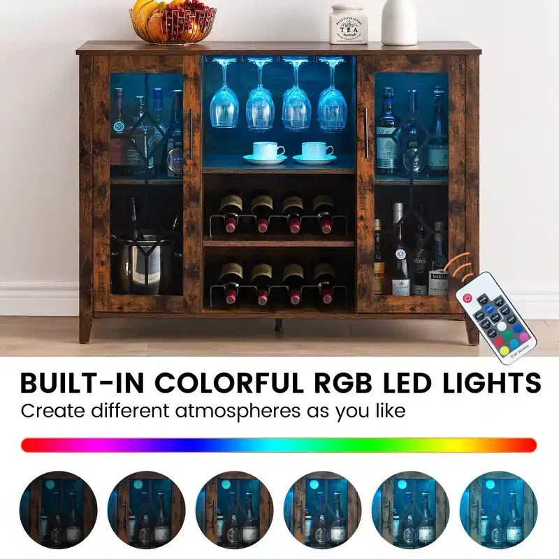 Meuble de bar à vin COZONY avec lumières LED, meuble à liqueurs moderne avec support en verre et porte-bouteilles, buffet de rangement pour café pour salle à manger