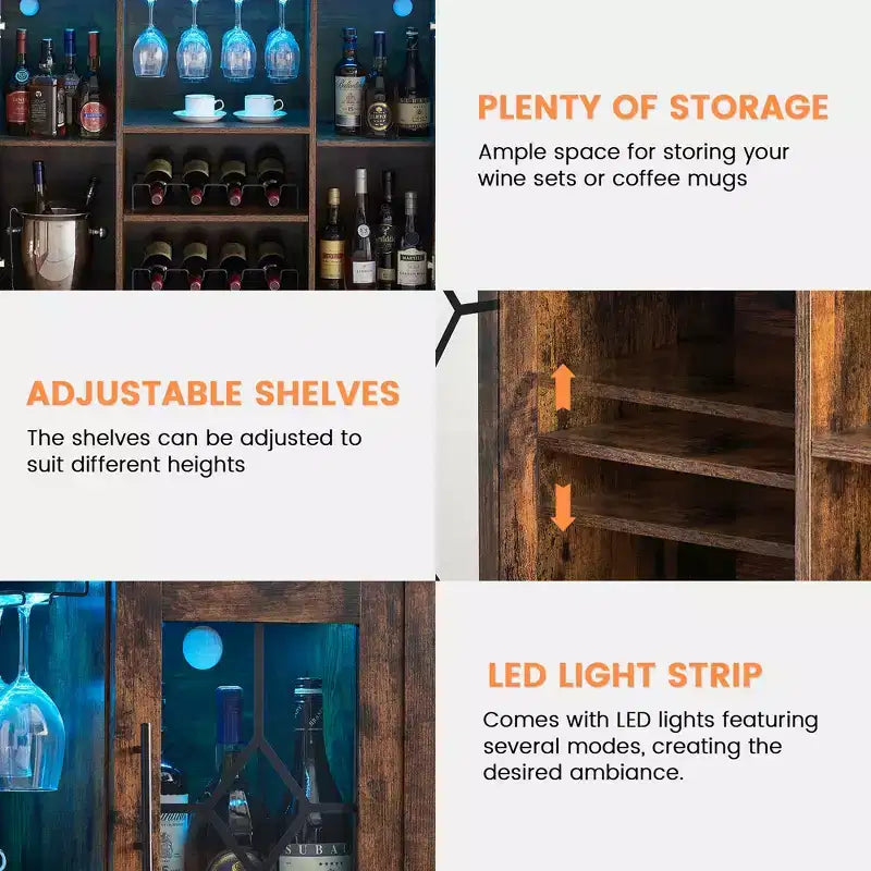 Meuble de bar à vin COZONY avec lumières LED, meuble à liqueurs moderne avec support en verre et porte-bouteilles, buffet de rangement pour café pour salle à manger
