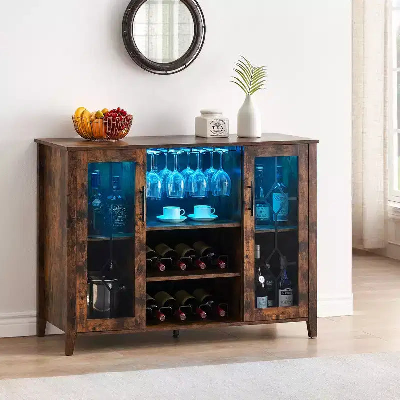 Meuble de bar à vin COZONY avec lumières LED, meuble à liqueurs moderne avec support en verre et porte-bouteilles, buffet de rangement pour café pour salle à manger