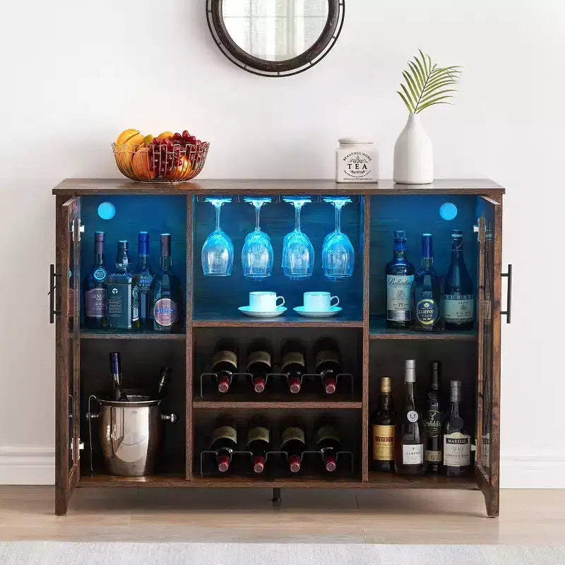 Meuble de bar à vin COZONY avec lumières LED, meuble à liqueurs moderne avec support en verre et porte-bouteilles, buffet de rangement pour café pour salle à manger