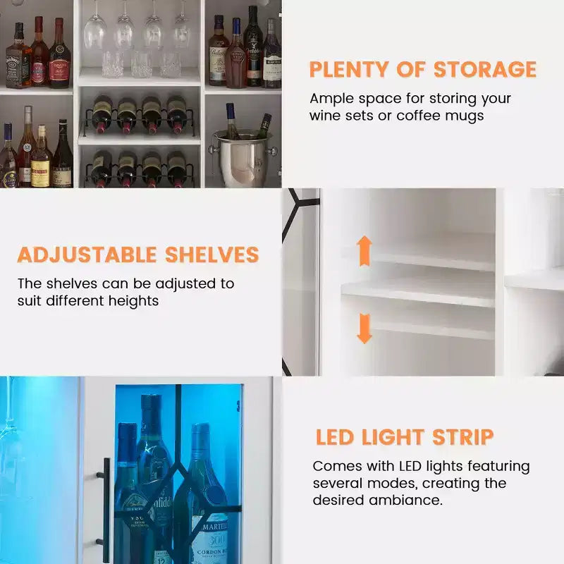 Meuble de bar à vin COZONY avec lumières LED, meuble à liqueurs moderne avec support en verre et porte-bouteilles, buffet de rangement pour café pour salle à manger