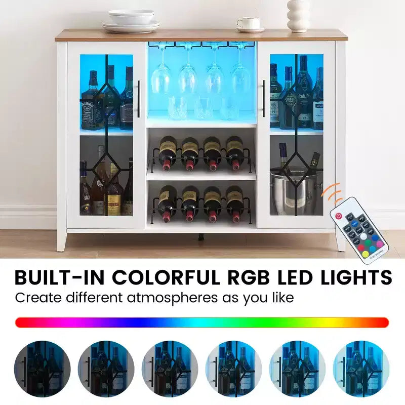 Meuble de bar à vin COZONY avec lumières LED, meuble à liqueurs moderne avec support en verre et porte-bouteilles, buffet de rangement pour café pour salle à manger