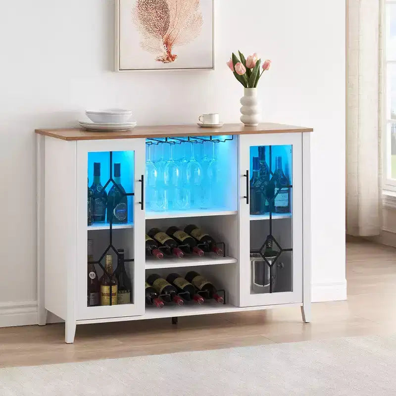 Meuble de bar à vin COZONY avec lumières LED, meuble à liqueurs moderne avec support en verre et porte-bouteilles, buffet de rangement pour café pour salle à manger