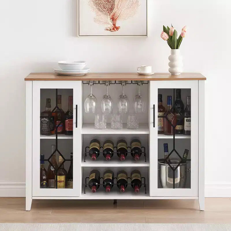Meuble de bar à vin COZONY avec lumières LED, meuble à liqueurs moderne avec support en verre et porte-bouteilles, buffet de rangement pour café pour salle à manger