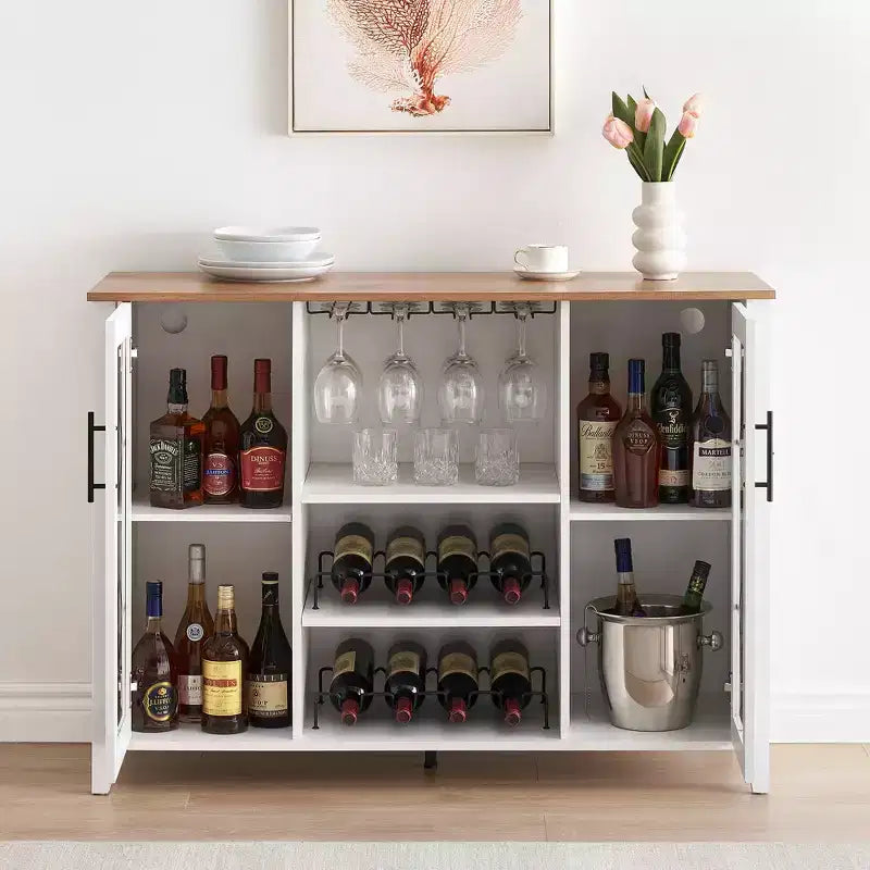 Meuble de bar à vin COZONY avec lumières LED, meuble à liqueurs moderne avec support en verre et porte-bouteilles, buffet de rangement pour café pour salle à manger