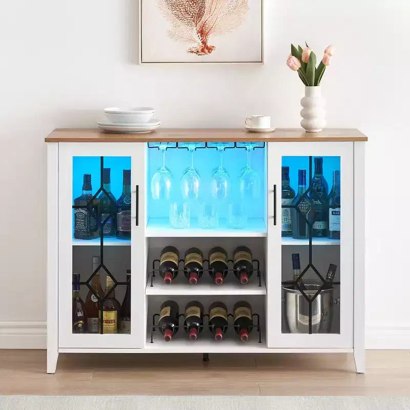 Meuble de bar à vin COZONY avec lumières LED, meuble à liqueurs moderne avec support en verre et porte-bouteilles, buffet de rangement pour café pour salle à manger