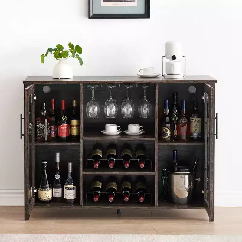 Meuble de bar à vin COZONY avec lumières LED, meuble à liqueurs moderne avec support en verre et porte-bouteilles, buffet de rangement pour café pour salle à manger
