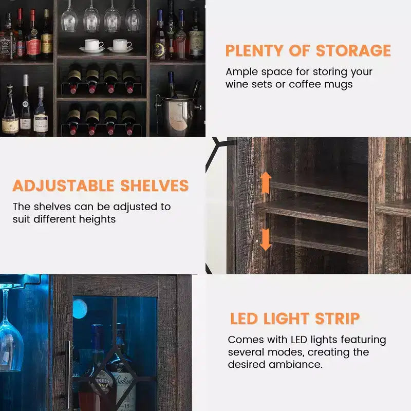Meuble de bar à vin COZONY avec lumières LED, meuble à liqueurs moderne avec support en verre et porte-bouteilles, buffet de rangement pour café pour salle à manger