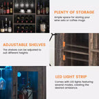 Meuble de bar à vin COZONY avec lumières LED, meuble à liqueurs moderne avec support en verre et porte-bouteilles, buffet de rangement pour café pour salle à manger