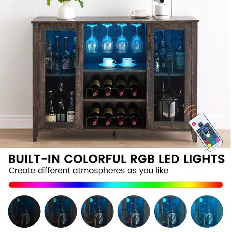 Meuble de bar à vin COZONY avec lumières LED, meuble à liqueurs moderne avec support en verre et porte-bouteilles, buffet de rangement pour café pour salle à manger