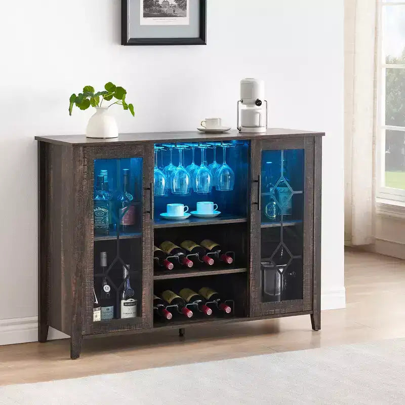 Meuble de bar à vin COZONY avec lumières LED, meuble à liqueurs moderne avec support en verre et porte-bouteilles, buffet de rangement pour café pour salle à manger