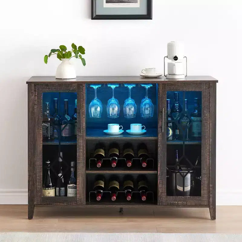 Meuble de bar à vin COZONY avec lumières LED, meuble à liqueurs moderne avec support en verre et porte-bouteilles, buffet de rangement pour café pour salle à manger