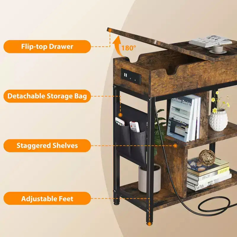 Table d'appoint de chargement COZONY avec prises USB, étagère et sac de rangement à abattant, table de chevet étroite pour petites chambres