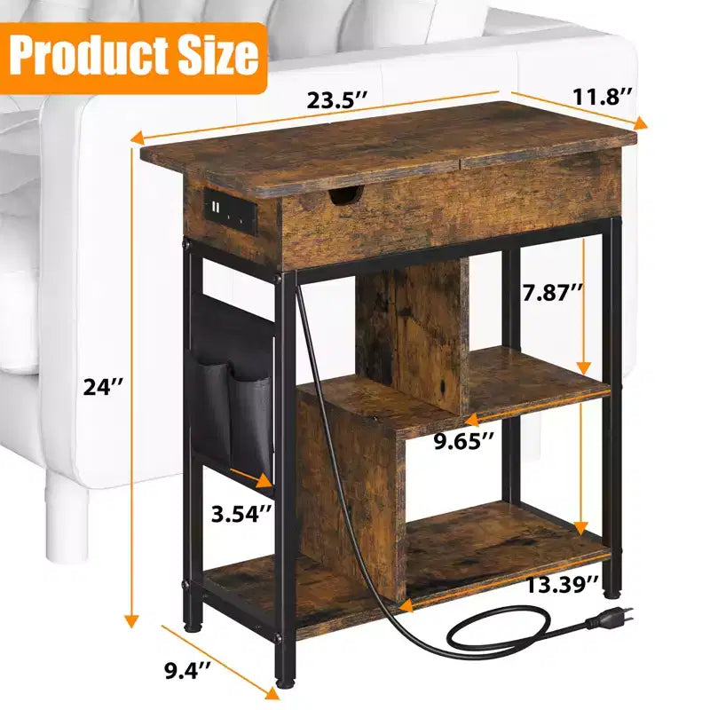 Table d'appoint de chargement COZONY avec prises USB, étagère et sac de rangement à abattant, table de chevet étroite pour petites chambres