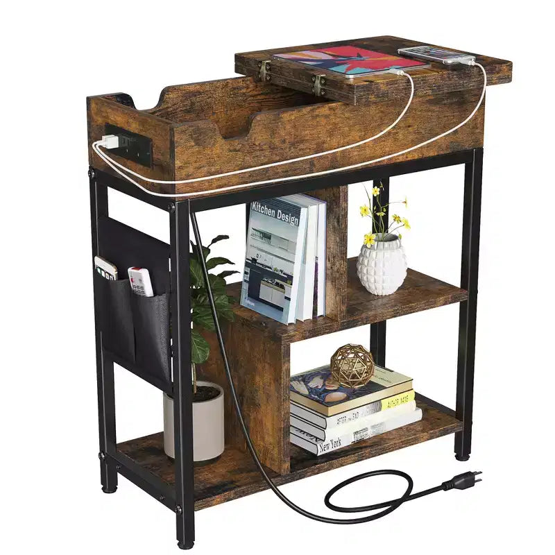 Table d'appoint de chargement COZONY avec prises USB, étagère et sac de rangement à abattant, table de chevet étroite pour petites chambres