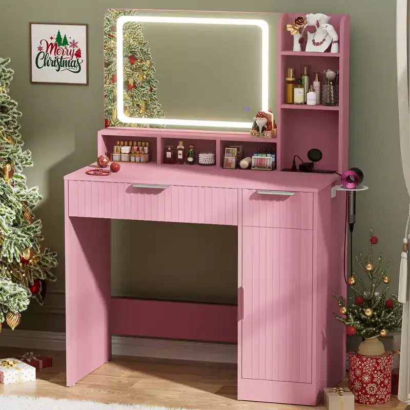 Coiffeuse Besiost avec miroir et 3 lumières de couleur, coiffeuse avec tiroirs