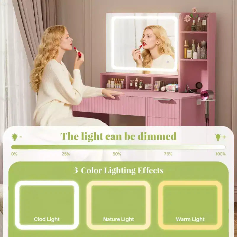 Coiffeuse Besiost avec miroir et 3 lumières de couleur, coiffeuse avec tiroirs