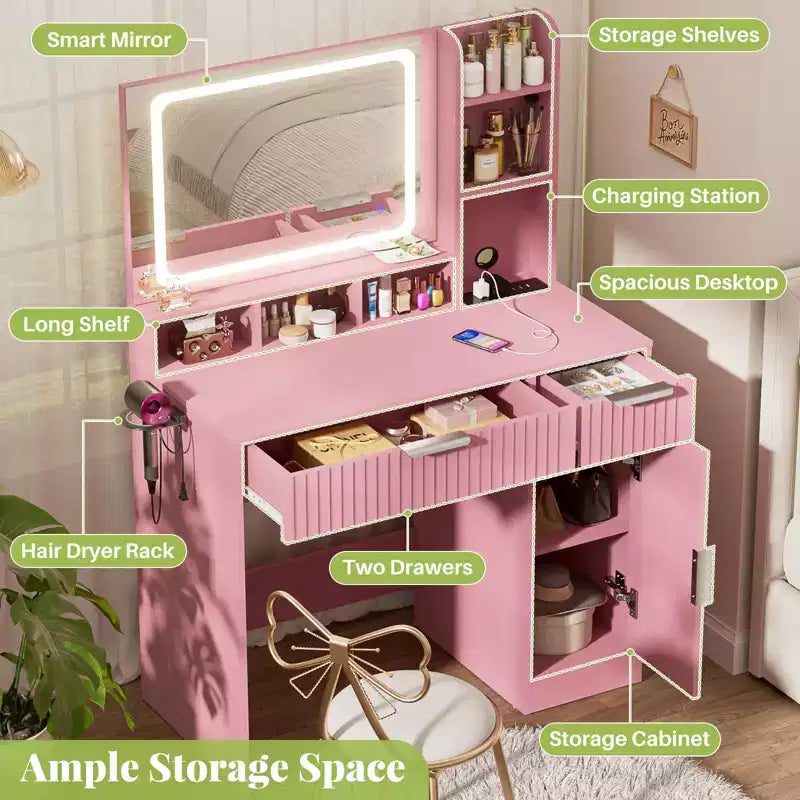 Coiffeuse Besiost avec miroir et 3 lumières de couleur, coiffeuse avec tiroirs