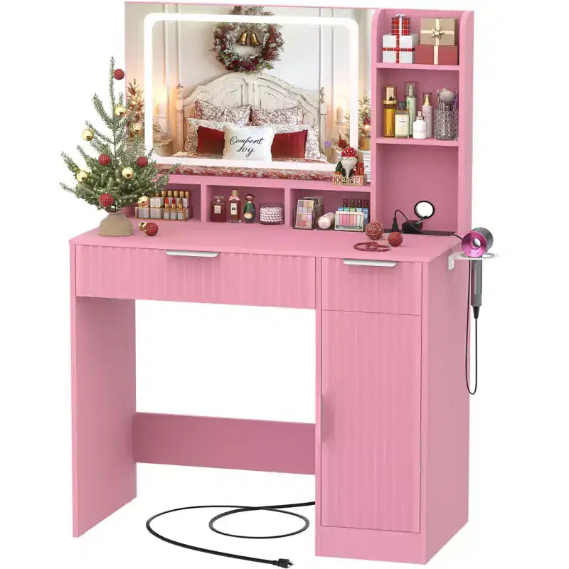 Coiffeuse Besiost avec miroir et 3 lumières de couleur, coiffeuse avec tiroirs