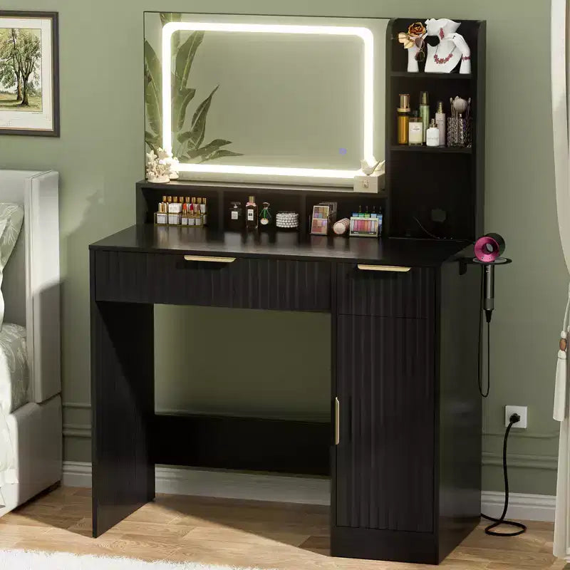 Coiffeuse Besiost avec miroir et 3 lumières de couleur, coiffeuse avec tiroirs