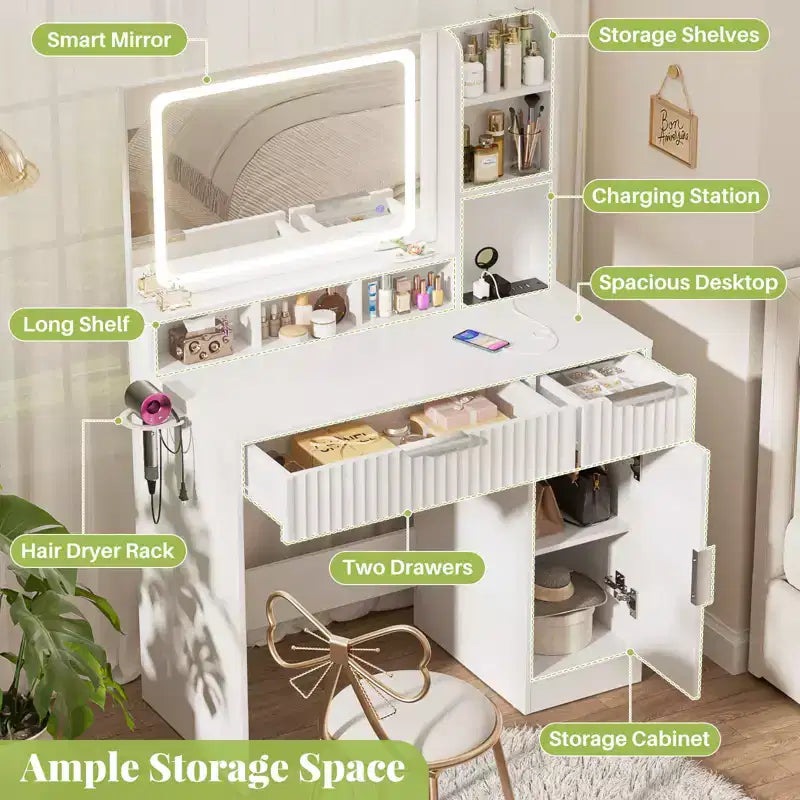 Coiffeuse Besiost avec miroir et 3 lumières de couleur, coiffeuse avec tiroirs