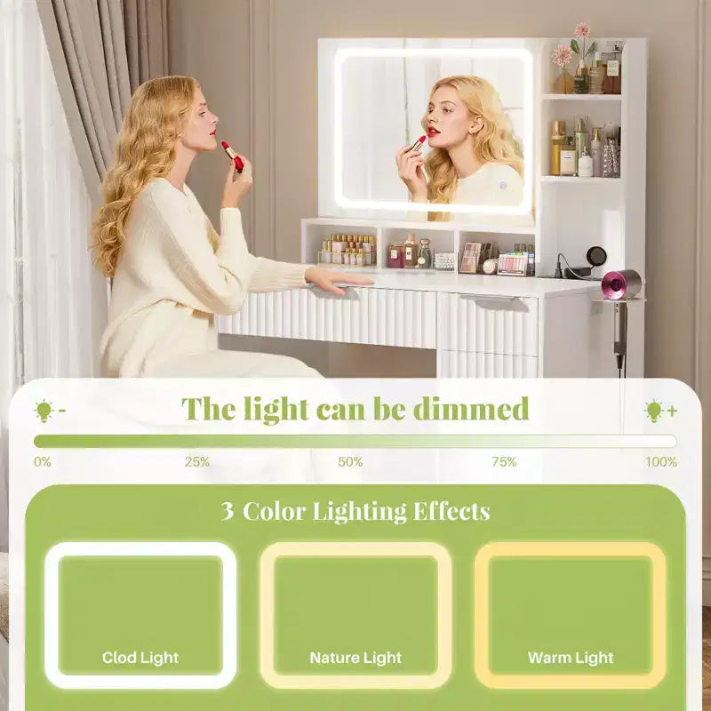 Coiffeuse Besiost avec miroir et 3 lumières de couleur, coiffeuse avec tiroirs