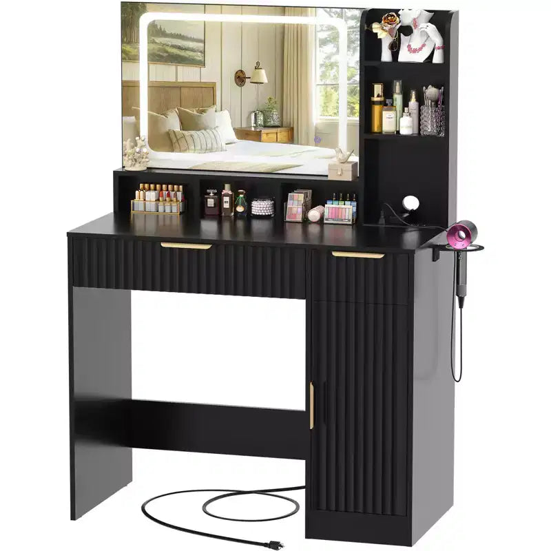 Coiffeuse Besiost avec miroir et 3 lumières de couleur, coiffeuse avec tiroirs