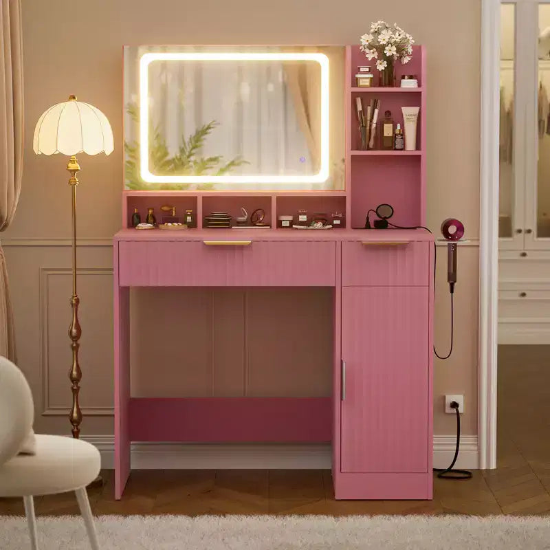 Coiffeuse Besiost avec miroir et 3 lumières de couleur, coiffeuse avec tiroirs
