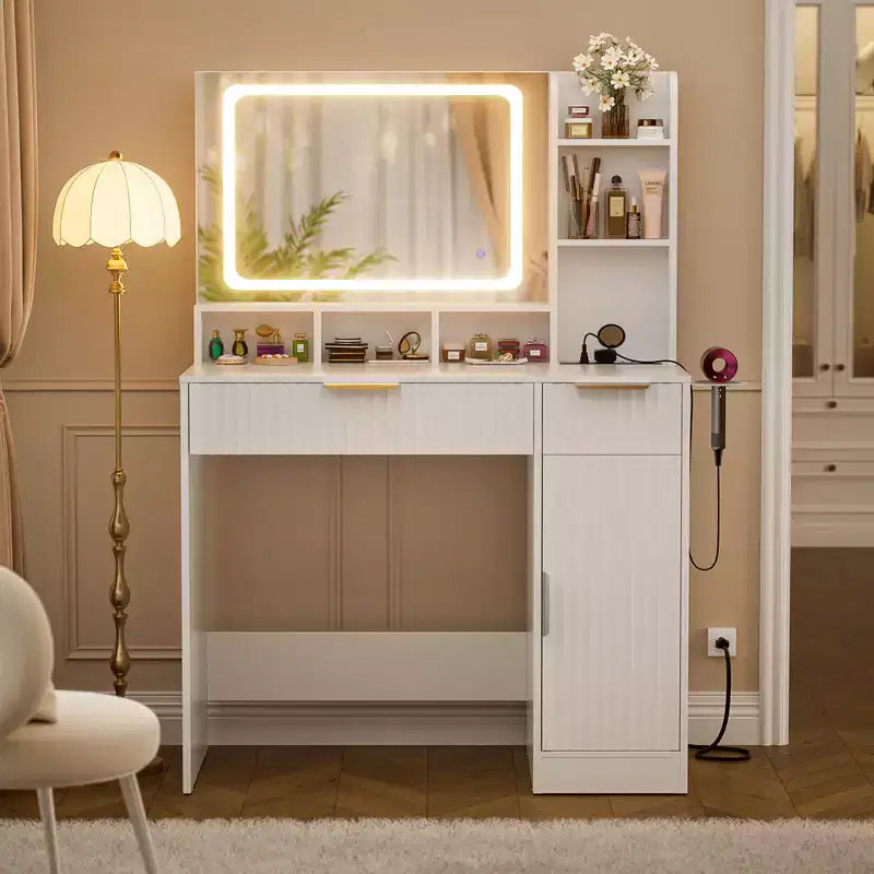 Coiffeuse Besiost avec miroir et 3 lumières de couleur, coiffeuse avec tiroirs