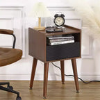 Table d'appoint COZONY avec prises USB, prises de courant, tiroir de rangement, pieds en bois massif pour salon ou chambre à coucher