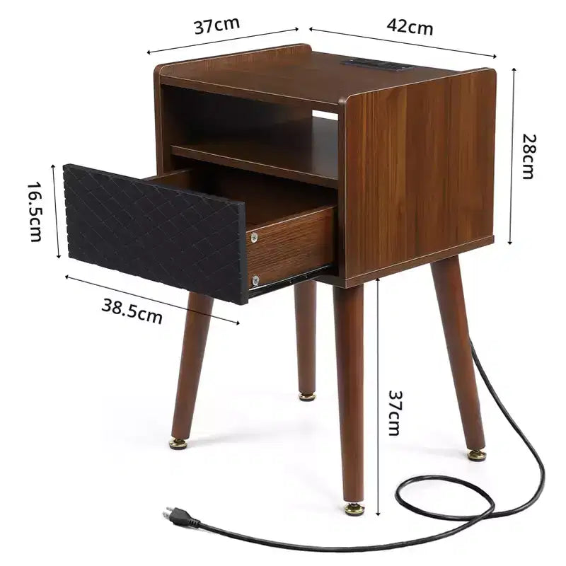 Table d'appoint COZONY avec prises USB, prises de courant, tiroir de rangement, pieds en bois massif pour salon ou chambre à coucher