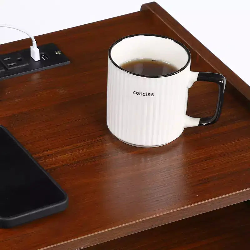 Table d'appoint COZONY avec prises USB, prises de courant, tiroir de rangement, pieds en bois massif pour salon ou chambre à coucher