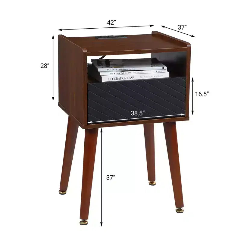 Table d'appoint COZONY avec prises USB, prises de courant, tiroir de rangement, pieds en bois massif pour salon ou chambre à coucher