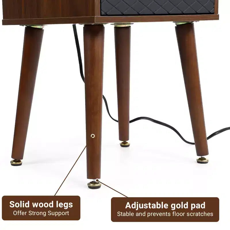 Table d'appoint COZONY avec prises USB, prises de courant, tiroir de rangement, pieds en bois massif pour salon ou chambre à coucher