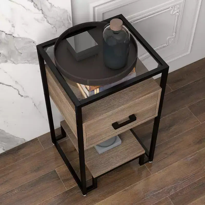 Table de chevet COZONY avec plateau en verre trempé, tiroir en bois, pieds réglables, table d'appoint pour chambre à coucher et salon