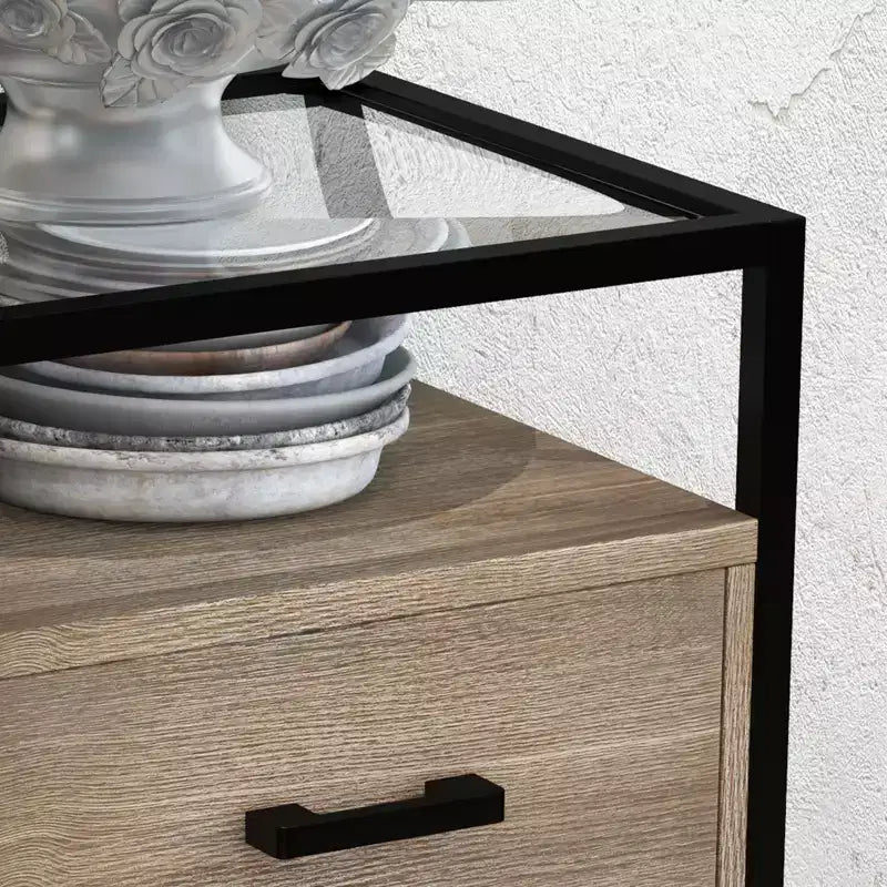 Table de chevet COZONY avec plateau en verre trempé, tiroir en bois, pieds réglables, table d'appoint pour chambre à coucher et salon